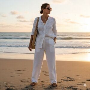 Carroll Reed Tunic Top Woman 1X Linen Floral Button Beachy Coastal